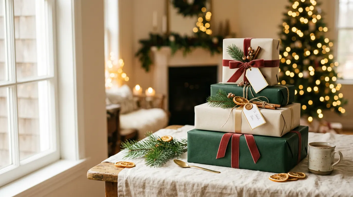 A stack of gifts wrapped in cream and evergreen paper with red velvet ribbon, pine sprigs, and dried orange slices beside a glowing Christmas tree