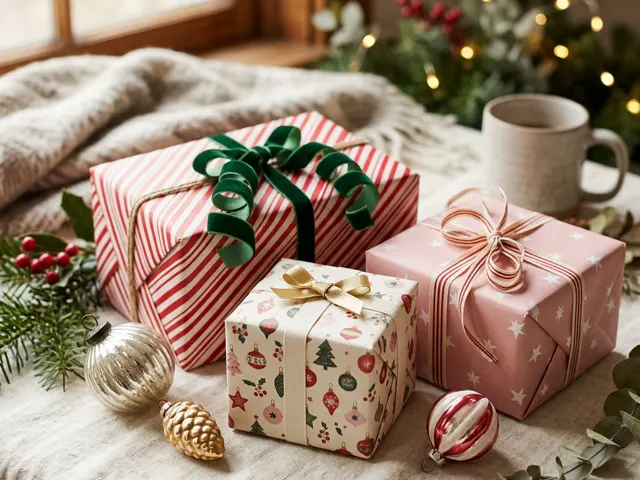 Gifts wrapped in the Merry & Bright style