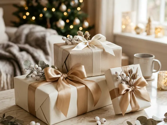 Gifts wrapped in the Winter Luxe style